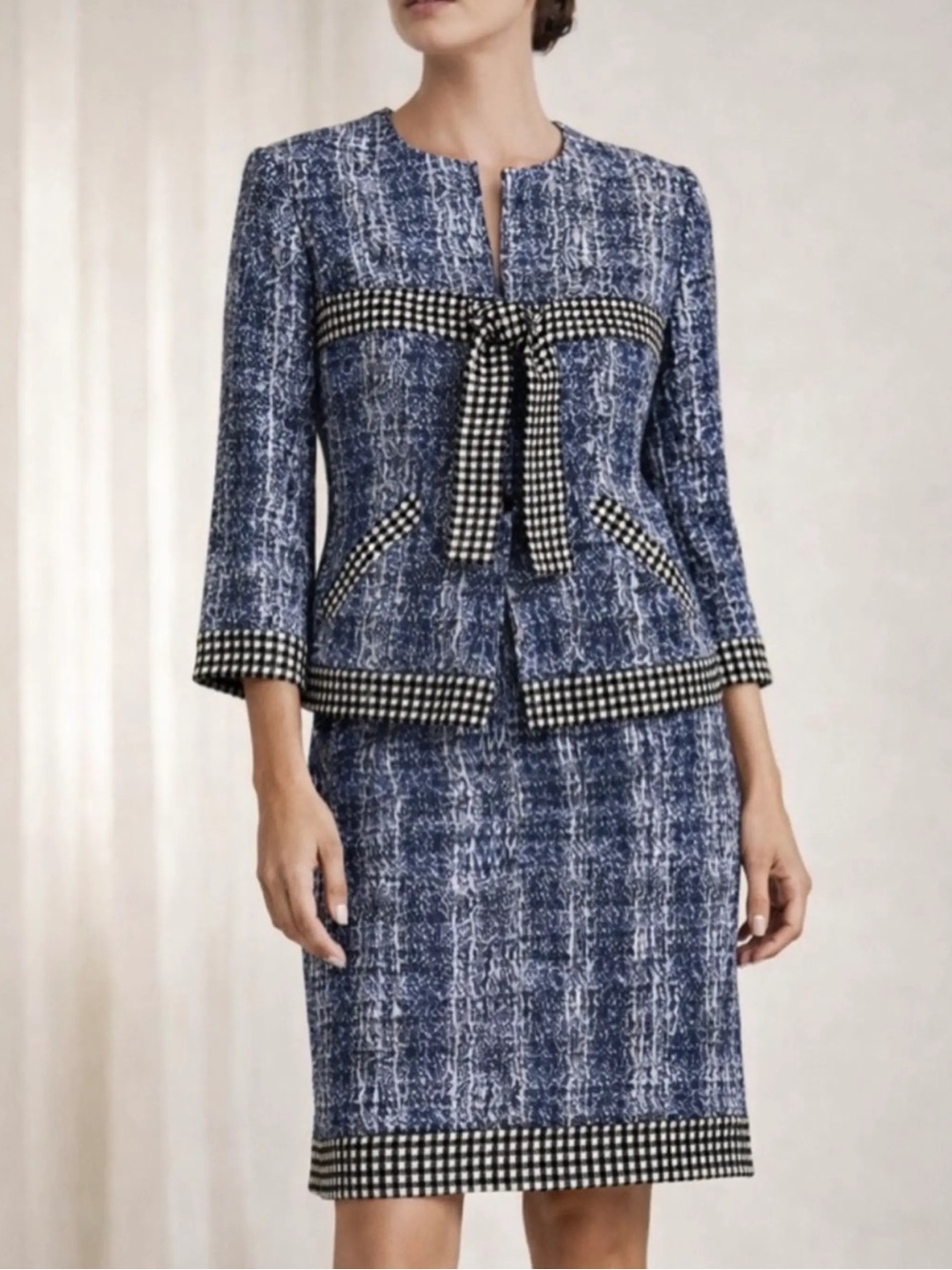 CAbi Reina 21 Club Suit Set blue white tweed knit jacket skirt 0 XS